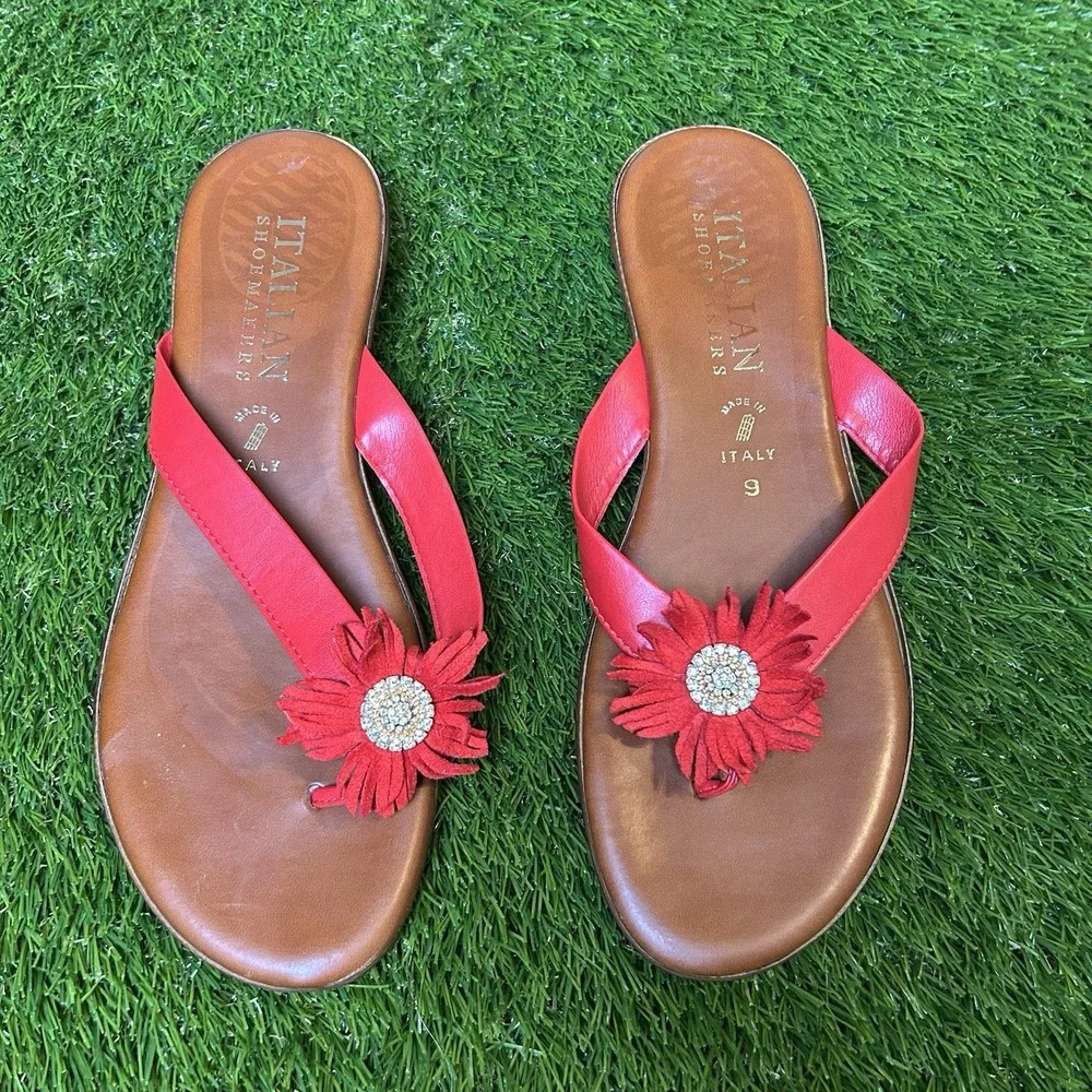 Italian Shoemakers Red Flower‎ Rhinestone Wedge Flip Flop Sandals Womens 9 Italy